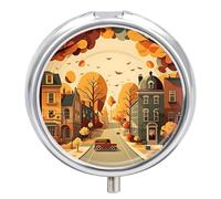 Daily Pill Organizer 3 Compartments, Small Pill Box Portable Travel Pill Case with Mirror, Mini Pill Container for Purse Pocket, Metal Medicine Organizer - City Park in Autumn