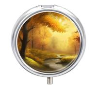 Daily Pill Organizer 3 Compartments, Small Pill Box Portable Travel Pill Case with Mirror, Mini Pill Container for Purse Pocket, Metal Medicine Organizer - Autumn in The Countryside Painting