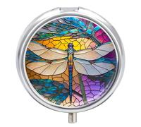 Daily Pill Organizer 3 Compartments, Small Pill Box Portable Travel Pill Case with Mirror, Mini Pill Container for Purse Pocket, Metal Medicine Organizer - Stained Glass Window Design W/Dragonfly
