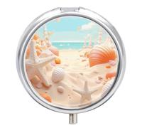 Daily Pill Organizer 3 Compartments, Small Pill Box Portable Travel Pill Case with Mirror, Mini Pill Container for Purse Pocket, Metal Medicine Organizer - Sea Shell at The Beach