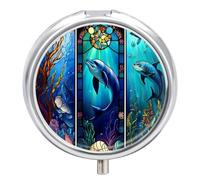 Daily Pill Organizer 3 Compartments, Small Pill Box Portable Travel Pill Case with Mirror, Mini Pill Container for Purse Pocket, Metal Medicine Organizer - Stained Glass Design Dolphin Sea Life