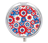 Daily Pill Organizer 3 Compartments, Small Pill Box Portable Travel Pill Case with Mirror, Mini Pill Container for Purse Pocket, Metal Medicine Organizer - Independence Day Red White Blue Flower