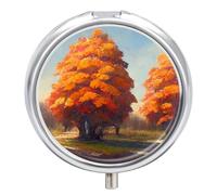 Daily Pill Organizer 3 Compartments, Small Pill Box Portable Travel Pill Case with Mirror, Mini Pill Container for Purse Pocket, Metal Medicine Organizer - Big Autumn Maple Tree Blue Sky Painting