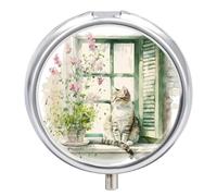 Daily Pill Organizer 3 Compartments, Small Pill Box Portable Travel Pill Case with Mirror, Mini Pill Container for Purse Pocket, Metal Medicine Organizer - Cat on The Window Watercolor Painting