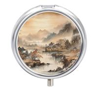 Daily Pill Organizer 3 Compartments, Small Pill Box Portable Travel Pill Case with Mirror, Mini Pill Container for Purse Pocket, Metal Medicine Organizer - Ancient Chinese Landscape Ink Painting