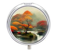 Daily Pill Organizer 3 Compartments, Small Pill Box Portable Travel Pill Case with Mirror, Mini Pill Container for Purse Pocket, Metal Medicine Organizer - Japan Autumn Landscape Maple Trees Painting