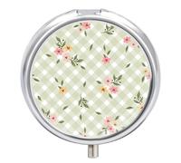 Daily Pill Organizer 3 Compartments, Small Pill Box Portable Travel Pill Case with Mirror, Mini Pill Container for Purse Pocket, Metal Medicine Organizer - Green & White Plaid W/Floral