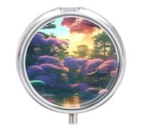 Daily Pill Organizer 3 Compartments, Small Pill Box Portable Travel Pill Case with Mirror, Mini Pill Container for Purse Pocket, Metal Medicine Organizer - Summer Pink Tree Romantic Forest Painting
