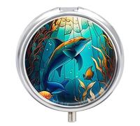 Daily Pill Organizer 3 Compartments, Small Pill Box Portable Travel Pill Case with Mirror, Mini Pill Container for Purse Pocket, Metal Medicine Organizer - Stained Glass Design Sea Fish & Dolphin