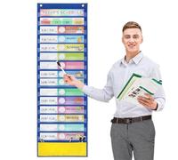 Daily Plan Pocket Chart - 33 x 101 cm Polyester Paper, 15 Card Pockets with Double-Sided Cards, 2 Dry Erase Pens, 2 Hooks | Classroom for Time Management Activity Plan