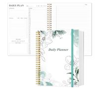 Daily Planner Undated - A4 To Do List Notebook Hourly Schedules, 150 Sheets/300 Pages Spiral Appointment Planner for Women and Men,PVC Hardcover, Inner Pocket, Large Size Planner, Teal Flowers