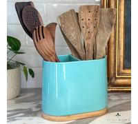 DAILY RITMO Large Kitchen Utensil Holder for Countertop with Bamboo Wooden Base | Minimalistic Aqua Teal Blue Green Ceramic Tool Crock | Cylindrical Oval Shape | Narrow Spatula Organizer