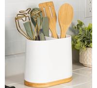 DAILY RITMO® White Large Oval Utensil Holder with Bamboo Wooden Base
