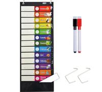 Daily Schedule Pocket Chart， Black Class Schedule with 26 Cards, 13+1 Pockets. 13 colored + 13 blank double-sided reusable Cards, Easy Over-door Mountings included. (13” x 36”)