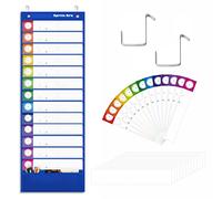 Daily Schedule Pocket Chart, Classroom Charts with 13+1 Pockets, 13 Double-Sided Reusable Colored Cards, 13 Blank Ones and 2 Over-Door Mounting Hangers Include (Blue, 13” x 36”)