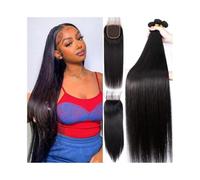 Daily Straight Hair Weave Bundles with Closure 8-30Inch Natural Black Brazilian Human Hair Bundles with Free Part 4x4 Lace Closure for Dating(30 30 30+Closure 20)