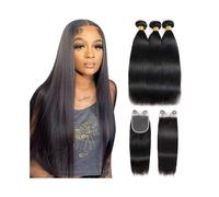 Daily Straight Human Hair Bundles with Closure Double Weft Brazilian Virgin Hair 3 Bundles with 4x4 Closure, Pre Plucked with Baby Hair for Dating(20 20 20 Closure 18)