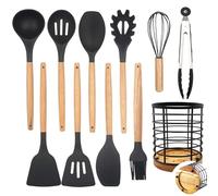Daily Treasures 12PCS Silicone Kitchen Utensil Sets,Wooden Handle Cooking Utensils Set with Farmhouse Utensil Holder,Heat Resistant Non Stick Kitchen Utensils Set,Black Kitchen Accessories Set Spatula