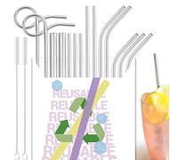 Daily Treasures 14 Pcs Stainless Steel Straws,Reusable Metal Drinking Straws with 2 Cleaning Brush,(7 Straight+5 Bent+2 Curved) for 20/30 Oz Tumblers for Smoothie, Milkshake, Cocktail