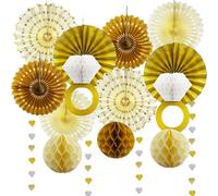 Daily Treasures 14PCS Gold White Engagement Party Decorations Kit - Hanging Ring Honeycomb Tissue Pom Poms,Paper Fans& 4m Banner for Engagement Wedding, Anniversary,Birthday Party Decor(Champagne)