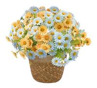 Daily Treasures 150Blooms Artificial Daisy Bouquet,38cm Short Stem Sky Blue&Orange Silk Daisy Flower with Plastic Leaves,6pcs Fake Flowers for Indoor,Outdoors,Home Garden Window Summer Farmhouse Decor