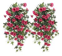 Daily Treasures 2 PCS Rose Red Artificial Faux Flowers,Hanging Morning Glory with 48 Flower Heads,Fake Silk Petunias,Flowers for Hanging Planters,Plants for Outdoor Summer, Realistic Garden Decor