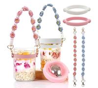 Daily Treasures 2pack Glass Overnight Oats Jars with Bohemian Handle Strap,350ml Breakfast Jars with Lids &Folding Spoon,Cereal&Milk On The Go Breakfast Containers for Work,Cereal Cup Yoghurt Fruit