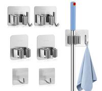 Daily Treasures 4Pcs Stainless Steel Wall Mount for Brooms with 2Pcs Hook,Adjustable Size Mop Holder,Self Adhesive Broom Holders,Flexible Freestanding Broom Sticky Back Hooks,Mop Hooks for Wall