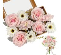 Daily Treasures Artificial Silk Flower Bouquet Box - Faux Flower with Stems in Gift Box, 4 Artificial Roses, 4 Gerberas, 2 Hydrangeas & Ribbon, Arrangement for Wedding Birthday Party (Pink & White)