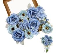 Daily Treasures Artificial Silk Flower Bouquet Box - Faux Flower with Stems in Gift Box, 4 Artificial Roses, 4 Gerberas, 2 Hydrangeas & Ribbon, Arrangement for Wedding Birthday Party Decorations(Blue)