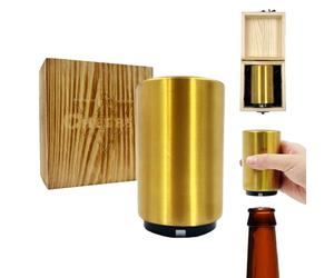 Daily Treasures Automatic Beer Bottle Opener,Magnetic Bottle Openers with Wooden Box,Push Down Bottle Opener, Soda Destapador No Damage to Caps,Stainless Steel Cap Catcher for Bars Man's Gifts (Gold)