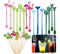 Daily Treasures Cocktail Ice Drink Mixing Stick Set,15Pcs Flamingo Cactus Reusable Novelty Swizzle Sticks with 14Pcs Bamboo Decorative Cocktail Appetizer Picks for Tropical Beach Christmas Party Bar