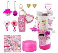 Daily Treasures Disco Stanley Cup Accessories Set,9pcs Pink Disco Ball Stanley Cup Decor,Lipstick Holder with Mirror,55pcs Stickers,Straw Cover,Silicone Boot,Fits 40/30 Oz Tumbler