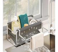 Daily Treasures Kitchen Sink Caddy Organiser with 45° Slope Auto Draining Tray - Stainless Steel Sink Tidy Caddy with Detachable Towel Rack, Non-Slip Washing up Organiser for Countertop Bathroom(Grey)