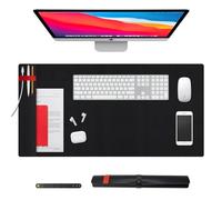 Daily Treasures Large Leather Desk Mat with Organiser Pocket & Red Strap - 85x40cm Non-Slip Vegan PU Mouse Pad, Desk Protector Mat for Keyboard, Laptop & Office Accessories (Black)
