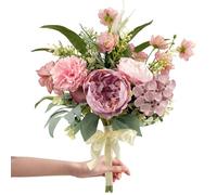 Daily Treasures Pink Artificial Flower Bouquet - Fake Hydrangea Peonies Chrysanthemum Floral Arrangement with White Ribbon for Wedding,Home & Table Centerpieces Decor(45cm Pre-Arranged Silk Flowers)
