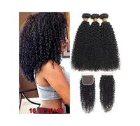 Daily use Malaysian Virgin Hair Kinky Curly Bundles with 4×4 Closure Human Hair Bundles with Lace Closure Hair Extensions(14 14 16 Closure 12)