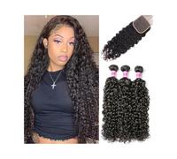 Daily Water Wave Bundles with Closure Human Hair Extensions Malaysian Wave Curly Remy Hair Bundles with 4x4 Lace Closure Natural Color for Dating(16 18 20+Closure 14)