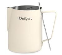 Dailyart Milk Jug 12oz/350ml Food Grade 304 Stainless Steel Milk Frothing Jug, Milk Frother Jug with Latte Decorating Art Pen, Coffee Accessories, Milk Pitcher for Making Latte Coffee Art, Cream White