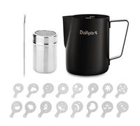 Dailyart Milk Jug 12oz/350ml Food Grade 304 Stainless Steel Milk Frothing Jug with Latte Decorating Art Pen, Chocolate Shaker, Coffee Stencils for Cappuccino Coffee Art