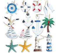Daimay 14PCS Resin Nautical Ornaments Miniature Beach Ornament Kits Mini Seaside Anchor Beacon Lifebuoy Sailboat Seastar Model Micro Landscape Scenery Decor Aquarium Terrariums Miniature Gardens
