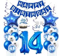 Daimay 14th Birthday Party Decorations Blue Happy Birthday Banner Flag Latex Confetti Balloons Number 14 Foil Balloon Star Mylar Balloons Cake Topper for Men Women Anniversary Party Supplies