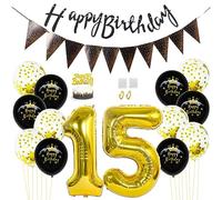 Daimay 15th Birthday Party Decorations Gold Black Happy Birthday Latex Confetti Balloons Triangle Flag Banner Number 15 Foil Balloon Cake Topper for Men Women Anniversary Birthday Party Supplies