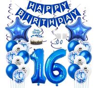 Daimay 16th Birthday Party Decorations Blue Happy Birthday Banner Flag Latex Confetti Balloons Number 16 Foil Balloon Star Mylar Balloons Cake Topper for Men Women Anniversary Party Supplies