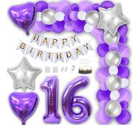 Daimay 16th Birthday Party Decorations Purple Happy Birthday Banner Light Purple White Latex Balloon Number Foil Balloon Cake Topper for Boy Girl Men Women