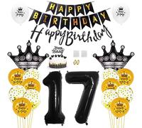 Daimay 17th Birthday Party Decorations Gold Black Happy Birthday Banner Flag Latex Confetti Balloons Number 17 Foil Balloon Crown Mylar Balloons Cake Topper for Men Women Anniversary Party Supplies