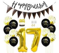 Daimay 17th Birthday Party Decorations Gold Black Happy Birthday Latex Confetti Balloons Triangle Flag Banner Number 17 Foil Balloon Cake Topper for Men Women Anniversary Birthday Party Supplies