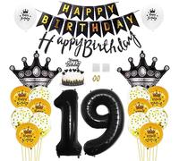 Daimay 19th Birthday Party Decorations Gold Black Happy Birthday Banner Flag Latex Confetti Balloons Number 19 Foil Balloon Crown Mylar Balloons Cake Topper for Men Women Anniversary Party Supplies