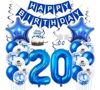 Daimay 20th Birthday Party Decorations Blue Happy Birthday Banner Flag Latex Confetti Balloons Number 20 Foil Balloon Star Mylar Balloons Cake Topper for Men Women Anniversary Party Supplies