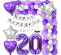 Daimay 20th Birthday Party Decorations Purple Happy Birthday Banner Light Purple White Latex Balloon Number Foil Balloon Cake Topper for Boy Girl Men Women